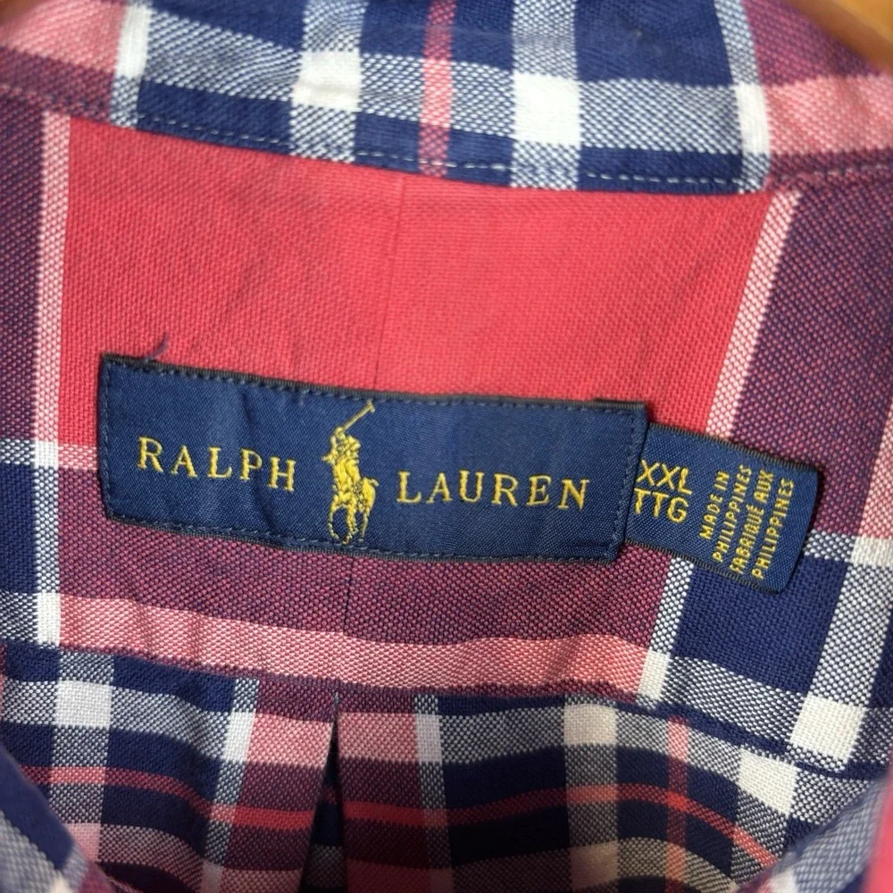 Polo Ralph Lauren Button Down Shirt Mens 2XL Light Red Navy Plaid Cotton Casual